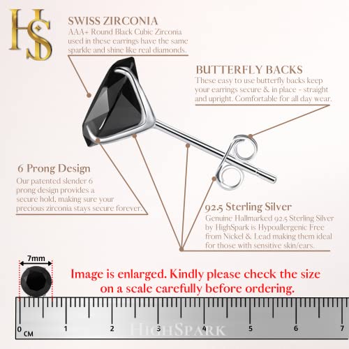 HIGHSPARK 925 Silver Men's Black Stud Earring | 92.5 Sterling Silver & Round Brilliant Black Cubic Zirconia | Single Stud for Men | Lovely Gift - Black 7mm - Image 2