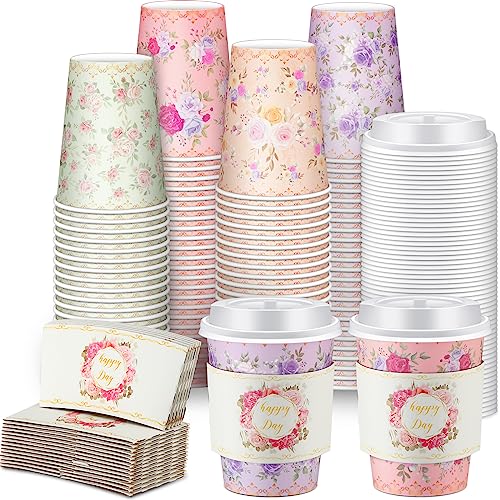 Remerry 100 Pcs 12oz Floral Disposable Coffee Cups with 100 Lids and 100 Sleeves Paper Insulated Drink Hot Coffee Paper Cups with Dome Lids and Sleeves for Parties Wedding Baby ShowerRetro - Image 1