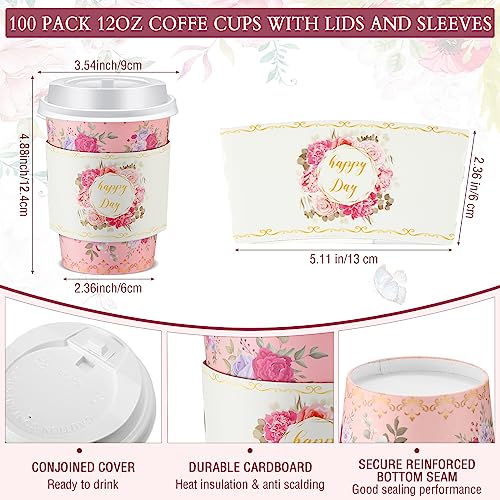 Remerry 100 Pcs 12oz Floral Disposable Coffee Cups with 100 Lids and 100 Sleeves Paper Insulated Drink Hot Coffee Paper Cups with Dome Lids and Sleeves for Parties Wedding Baby ShowerRetro - Image 3