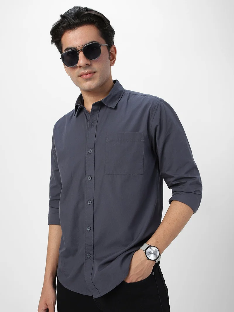 Urbano Fashion Men's Dark Grey Cotton Full Sleeve Regular Fit Casual Solid Shirt