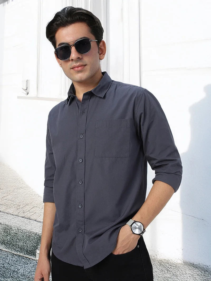 Urbano Fashion  Urbano Fashion Men's Dark Grey Cotton Full Sleeve Regular Fit Casual Solid Shirt  | Best Price UAE