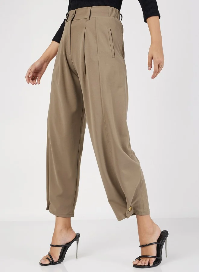 SASSAFRAS Beige Mid-Rise Cropped Pleated Trousers for Women