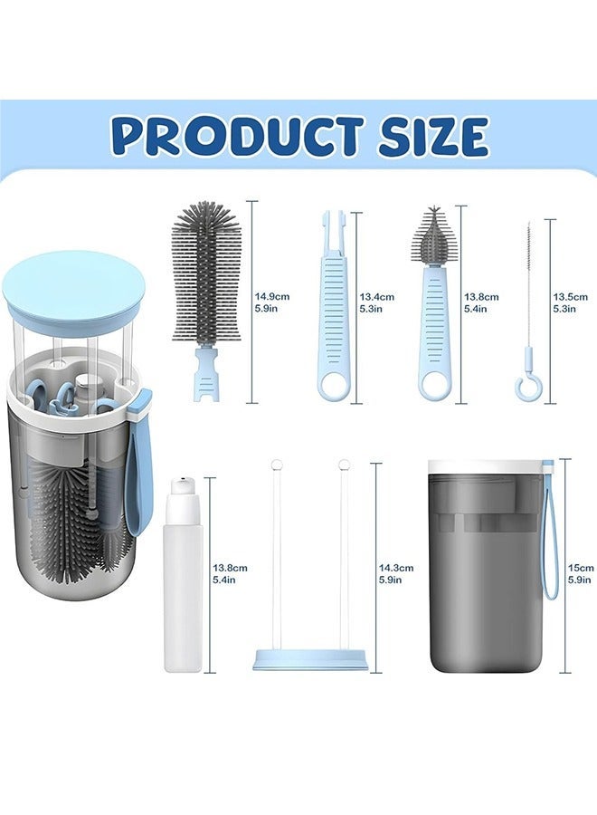 Portable Bottle Brush Cleaner Set, Travel Bottle Cleaner Kit for Baby with Silicone Bottle, Nipple and Straw Brush, Stirring Head, Soap Dispenser, Drying Rack and Storage Box, Pink - Image 2