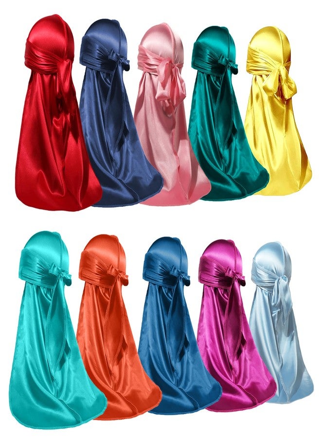 ForceWave 10 Pieces Silky Durags Long Tail for Women Men Satin Durag 360 Wave，Dorag, 10 Pieces - Image 1