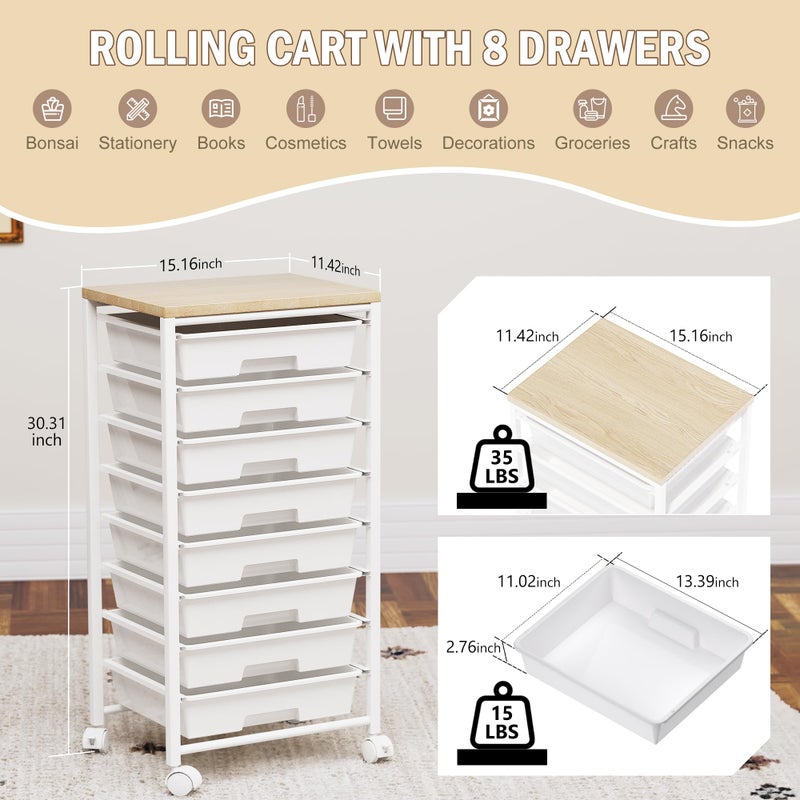 neatevday Rolling Cart with 8 Drawers, Storage Drawers Cart with Wooden Tabletop and Lockable Wheels, Craft Storage for Living Room, Office, Classroom, Craft Room, Bedroom - Image 2