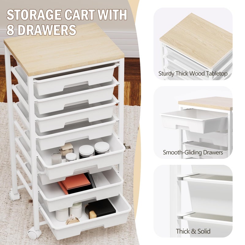 neatevday Rolling Cart with 8 Drawers, Storage Drawers Cart with Wooden Tabletop and Lockable Wheels, Craft Storage for Living Room, Office, Classroom, Craft Room, Bedroom - Image 3