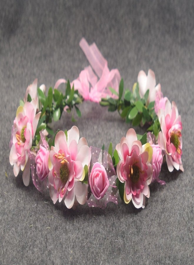 Artfen Bridal Flower Garland Headband Flower Crown Hair Wreath Halo Adjustable Ribbon Wedding Festivals Photography Pink - Image 2
