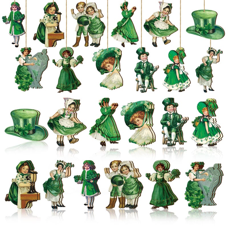 Glenmal 24 Pieces St. Patrick's Day Vintage Ornaments Shamrocks Wooden Hanging Ornaments Vintage Irish Festival Wood Embellishments with Ropes for St Patrick's Day Tree Table Decor(Clown Style) - Image 1