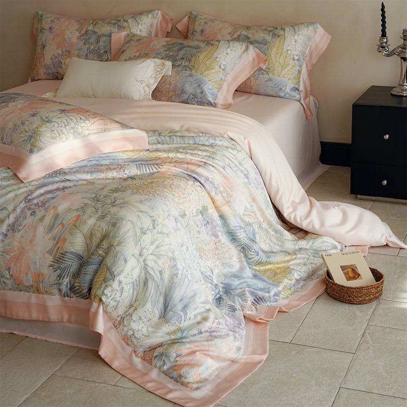 Hebe Champagne Summer A-Grade Mother-Baby Lyocell Tencel Bedding Set - Luxury Ice Silk Cooling Sheets & Pillowcases for 1.5m Bed - Image 1