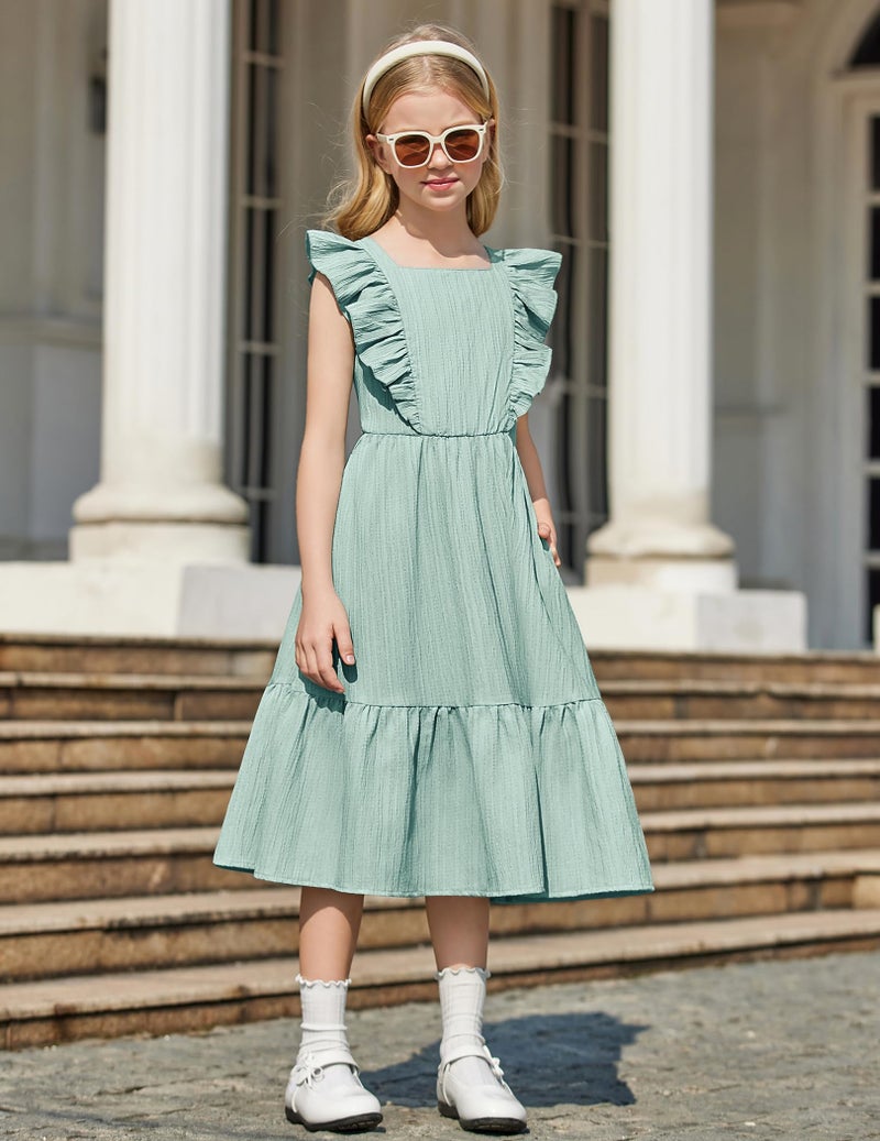 Arshiner Girls Summer Dress Easter Sage Green Boho Hawaiian Tie Back Square Neck Maxi Dresses for 10-11Y - Image 4