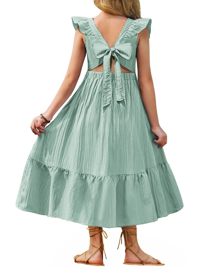 Arshiner Girls Summer Dress Easter Sage Green Boho Hawaiian Tie Back Square Neck Maxi Dresses for 10-11Y - Image 1