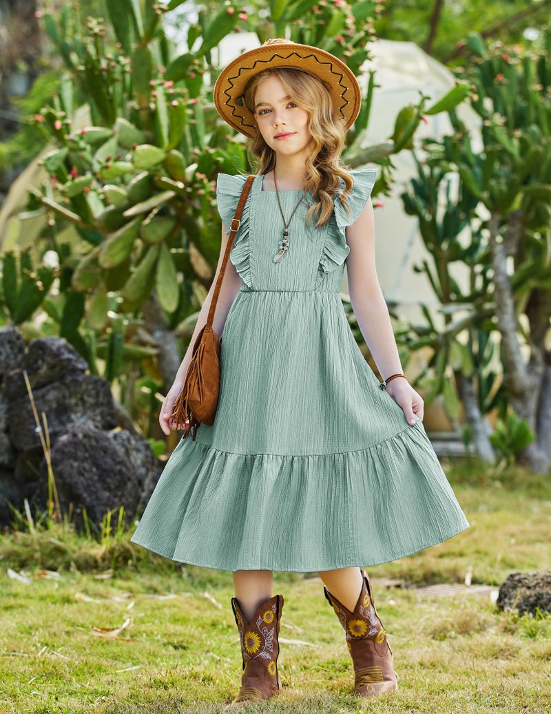 Arshiner Girls Summer Dress Easter Sage Green Boho Hawaiian Tie Back Square Neck Maxi Dresses for 10-11Y - Image 2