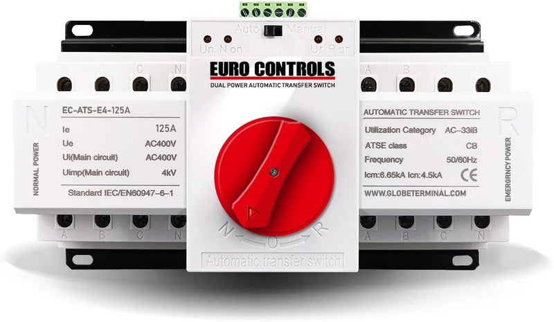 EuroControls Euro ATS Automatic transfer switch dual source Centre Knob Fast switching with control signal terminals and automatic Motorized changeover Contctr Relay (125 A 4 POLE) - Image 1