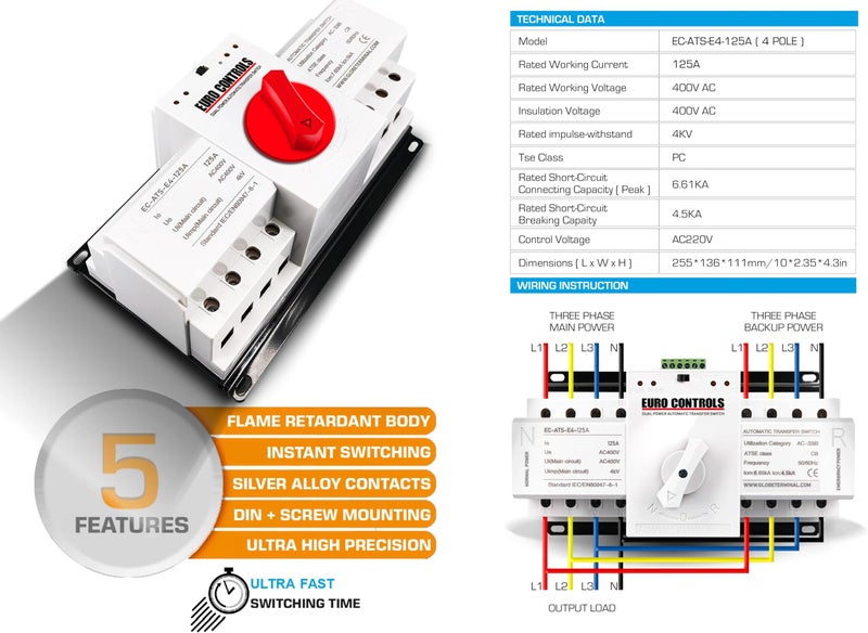 EuroControls Euro ATS Automatic transfer switch dual source Centre Knob Fast switching with control signal terminals and automatic Motorized changeover Contctr Relay (125 A 4 POLE) - Image 4