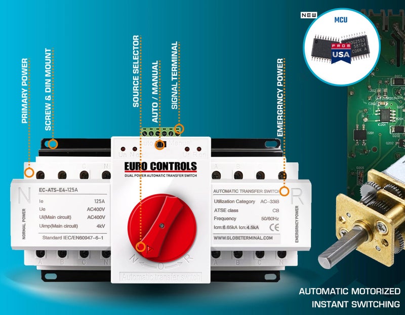 EuroControls Euro ATS Automatic transfer switch dual source Centre Knob Fast switching with control signal terminals and automatic Motorized changeover Contctr Relay (125 A 4 POLE) - Image 2