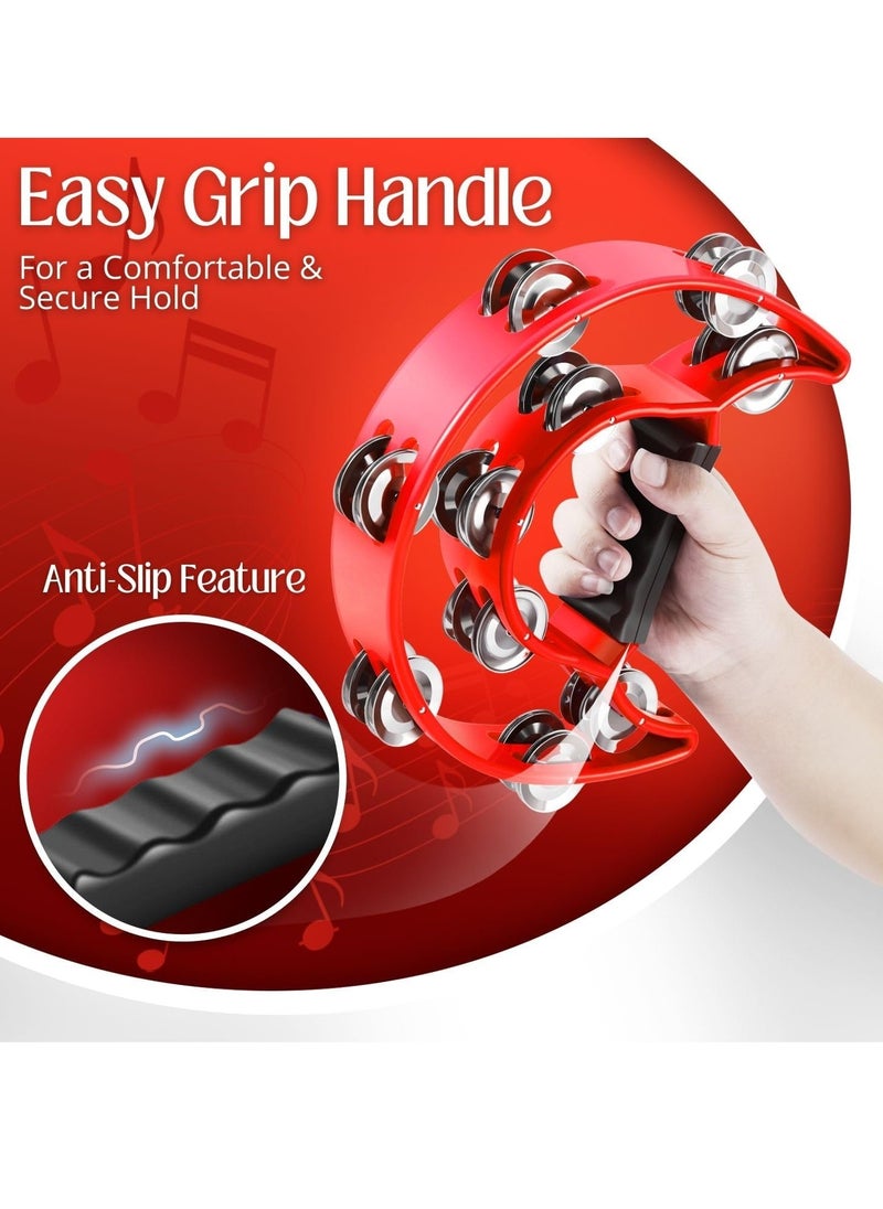 Megarya Megarya  Half Moon Musical Tambourine (2 Pack, Red) Double Row Metal Jingles Hand Held Percussion Drum with Ergonomic Handle Grip  - Image 2