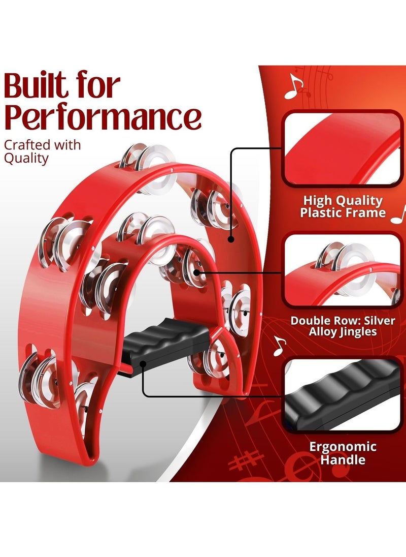 Megarya Megarya  Half Moon Musical Tambourine (2 Pack, Red) Double Row Metal Jingles Hand Held Percussion Drum with Ergonomic Handle Grip  - Image 3