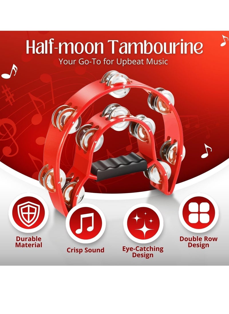 Megarya Megarya  Half Moon Musical Tambourine (2 Pack, Red) Double Row Metal Jingles Hand Held Percussion Drum with Ergonomic Handle Grip  - Image 5