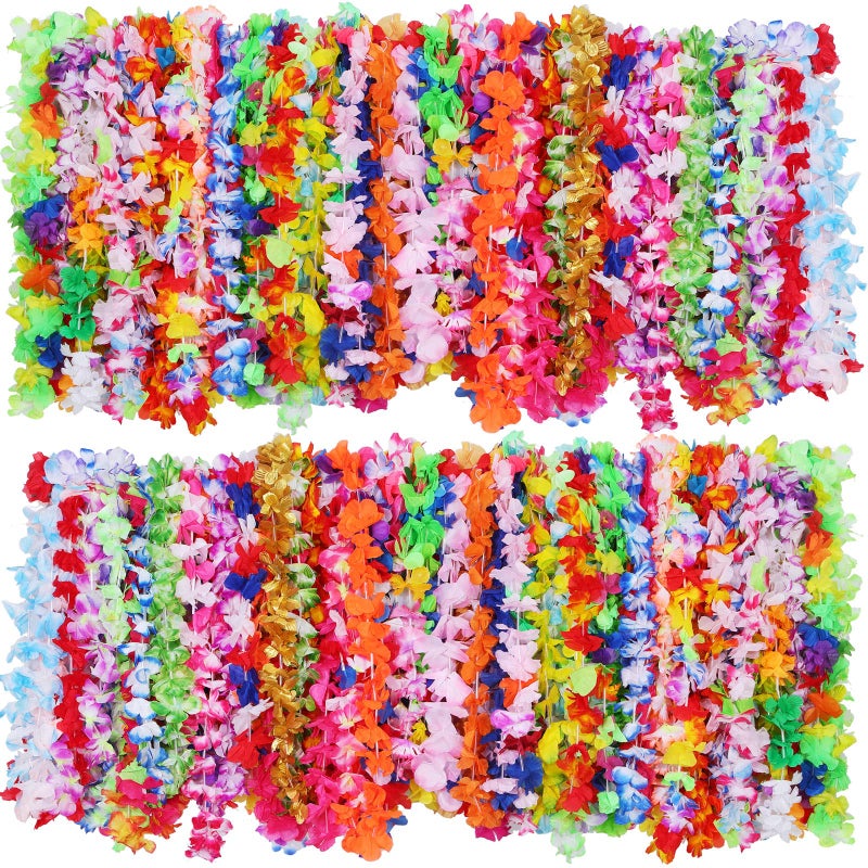 Juinte 200 Pieces Hawaiian Luau Leis Flowers Necklaces Summer Beach Vacation Pool Luau Party Favors Supplies Tropical Theme Party Decorations For Birthday Wedding Colorful Random Color - Image 3