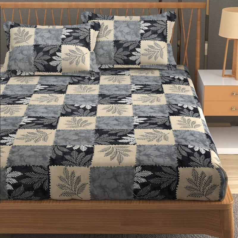 Furnofy Premium Printed Double Bedsheet Set – Grey & Beige Block Pattern (90x100 Inches) with 2 Pillow Covers – Flat - Image 1