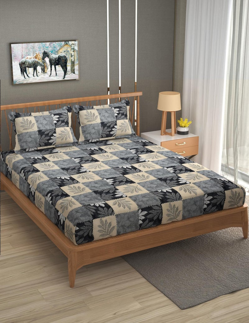 Furnofy Premium Printed Double Bedsheet Set – Grey & Beige Block Pattern (90x100 Inches) with 2 Pillow Covers – Flat - Image 2