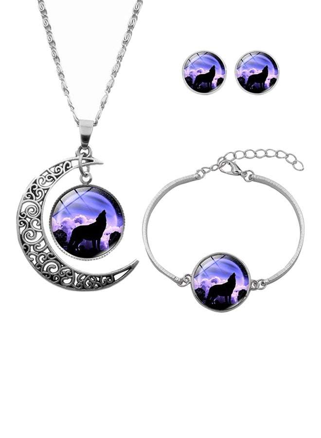 Howling Wolf Glass Cabochon Moon Chain Necklace Earrings And Bracelet Set