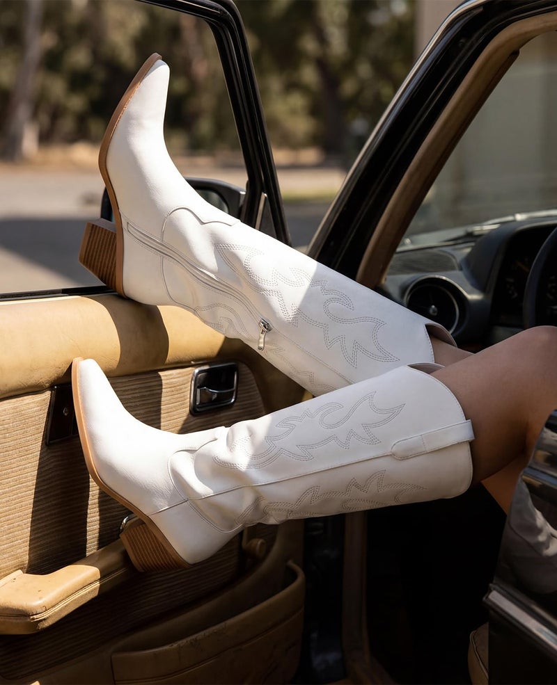 Pasuot Western Cowboy Boots for Women - Knee High Wide Calf Cowgirl Boots, Slip On Pointed Toe Chunky Heel Fashion Retro Classic Pull On Tall Boot for ladies Party concert White US 9 - Image 2