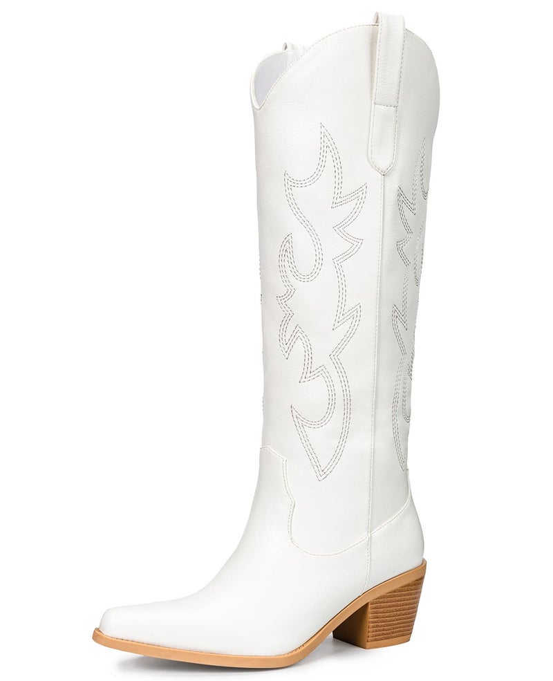 Pasuot Western Cowboy Boots for Women - Knee High Wide Calf Cowgirl Boots, Slip On Pointed Toe Chunky Heel Fashion Retro Classic Pull On Tall Boot for ladies Party concert White US 9 - Image 1