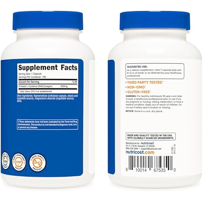 Nutricost N-Acetyl L-Cysteine (NAC) 600mg, 180 Capsules - Non-GMO, Gluten Free - Image 4