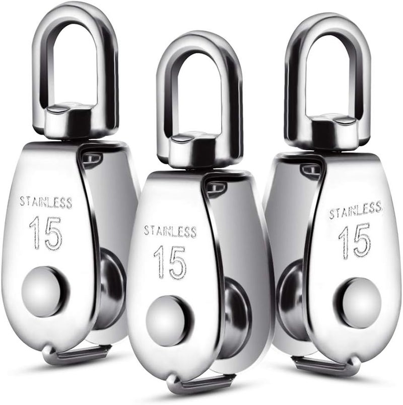 DORHEA 6 Pack 0.59" Single Pulley Block 304 Stainless Steel M15 Crane Swivel Hook Single Pulley Roller Smooth Wire Rope Cable Heavy Loading - Image 2