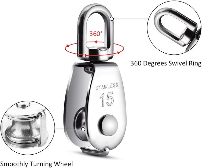 DORHEA 6 Pack 0.59" Single Pulley Block 304 Stainless Steel M15 Crane Swivel Hook Single Pulley Roller Smooth Wire Rope Cable Heavy Loading - Image 4