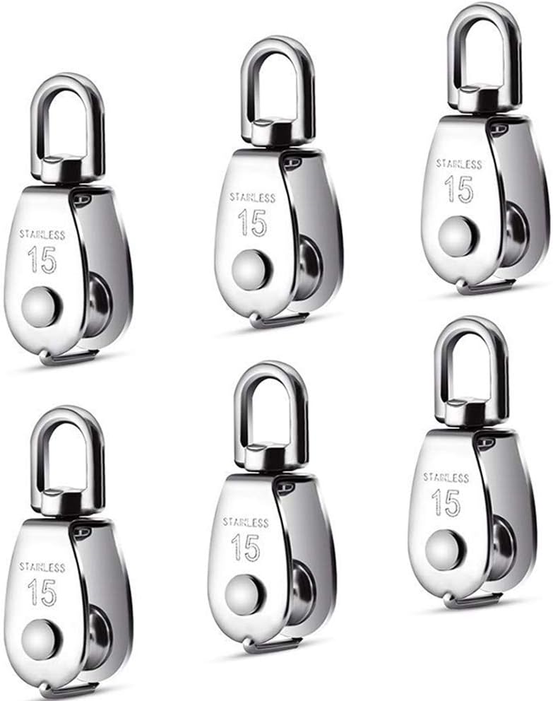 DORHEA 6 Pack 0.59" Single Pulley Block 304 Stainless Steel M15 Crane Swivel Hook Single Pulley Roller Smooth Wire Rope Cable Heavy Loading - Image 1