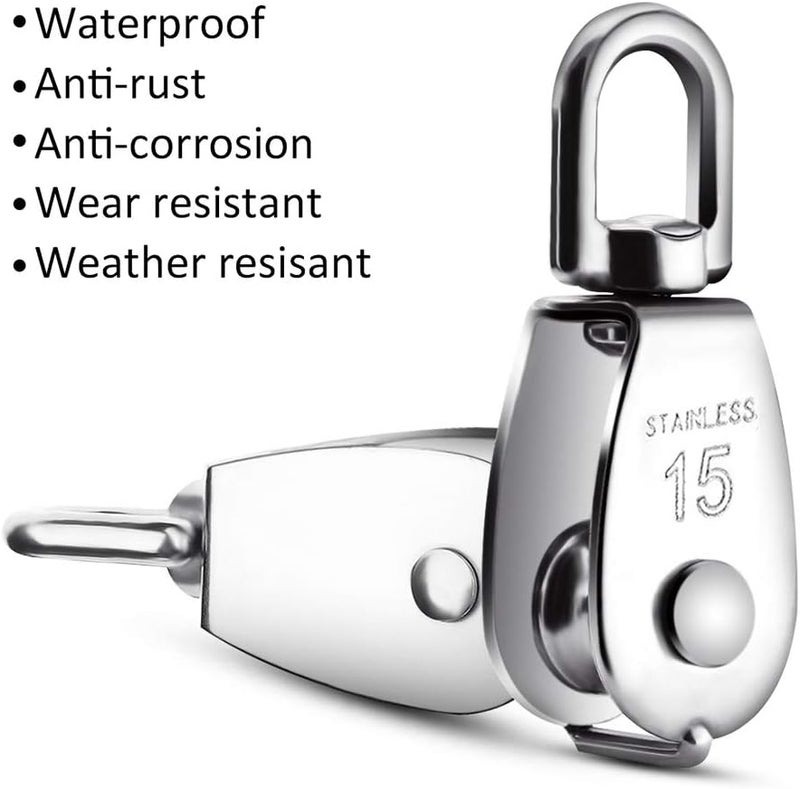 DORHEA 6 Pack 0.59" Single Pulley Block 304 Stainless Steel M15 Crane Swivel Hook Single Pulley Roller Smooth Wire Rope Cable Heavy Loading - Image 5