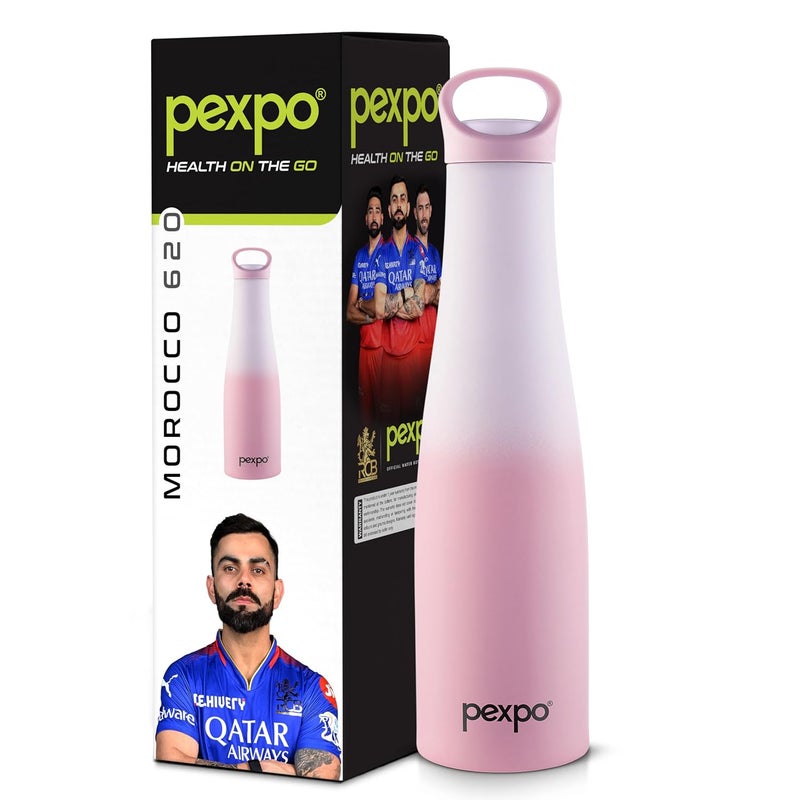 Pexpo Morocco Pro ISI Certified Hot Cold Insulated Water Bottle 620ml with Loop Handle Stainless Steel Flask PurplePink Ombre Shade Thermoflask Office Bottle RCB Edition