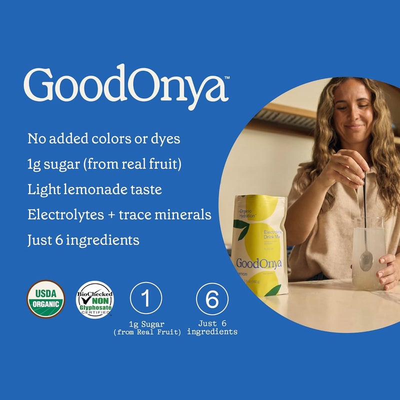GoodOnYa مشروب إلكتروليت ترطيب عضوي معتمد مسحوق ترطيب عضوي خالي من الكائنات المعدلة وراثيًا خالي من الجليفوسات نكهة ليمونادة منخفضة السكر 20 حصة - Image 4