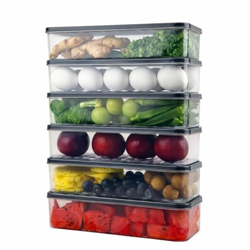 LEMBOSE Fridge Storage Boxes Fridge Organizer with Removable Lid Stackable Fridge Storage Freezer Storage Containers for Fish, Meat, Vegetables, Fruits (1200ML, Pack of 6) - Image 1