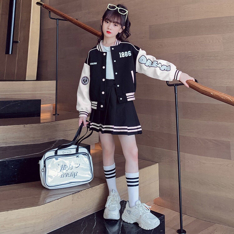 Girls Baseball Suit suit Autumn New Style Middle and Large Childrens Internet Popular Korean Style Childrens Jacket Spring and Autumn Pleated Skirt Two-piece Set White 