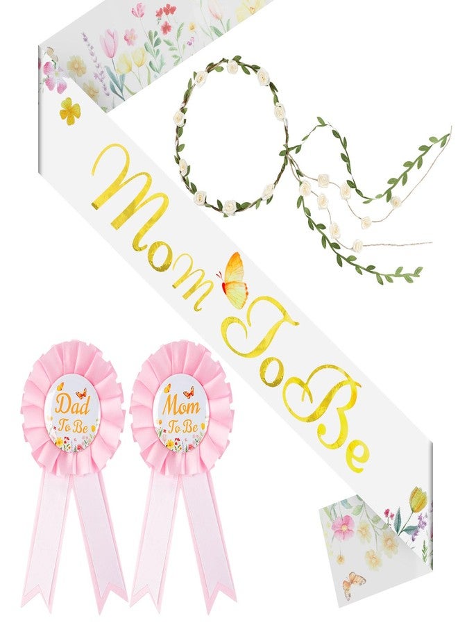 rolyta Wildflower Mom to Be Sash Set with Flower Headband and Pins for Mom and Dad, Baby in Bloom Mommy to Be Sash for Baby Shower Gender Reveal Party Favors, Pregnancy Photo Props - Image 1
