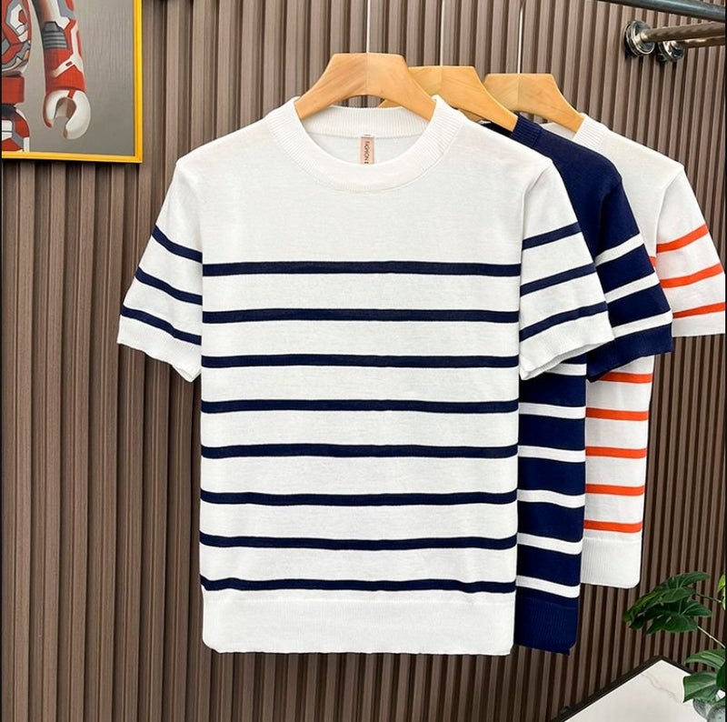 Cross-Border Dropshipping 14-Stitch Striped Knit Short-Sleeve T-Shirt American Retro Men's Round Neck Ice Silk Summer Premium Top - Image 4