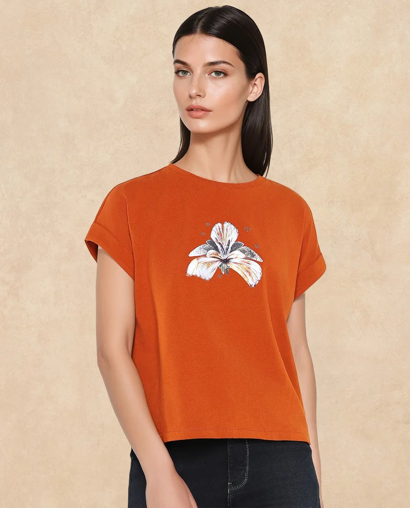 Rareism Women's Floral Satin Printed T Shirt