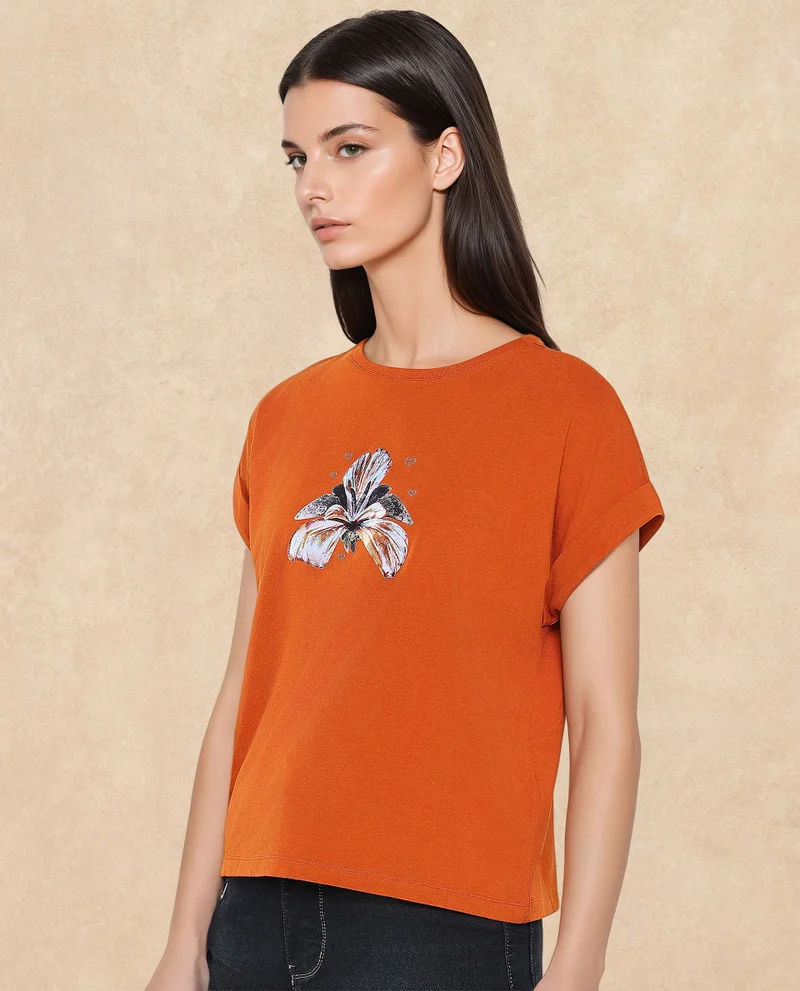 Rareism Women's Floral Satin Printed T Shirt
