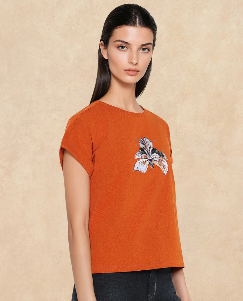 Rareism Women's Floral Satin Printed T Shirt