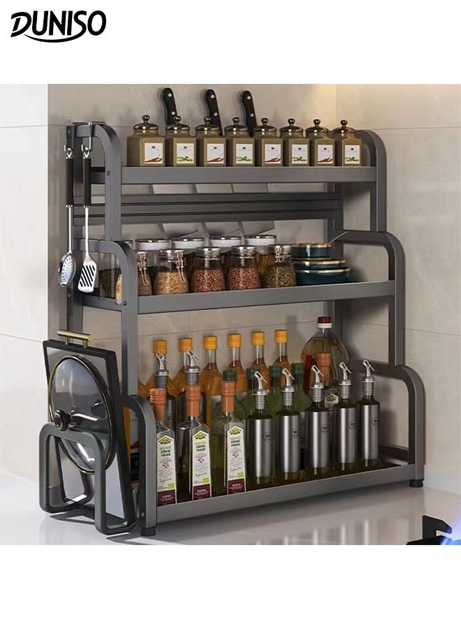 DUNISO 3 Tier Spice Racks Organiser Space-Saving Kitchen Shelf Organiser Freestanding Spices Shelf and Countertop Seasoning Rack Metal Counter Shelves with Holder and 4 Hooks ﻿ - Image 1