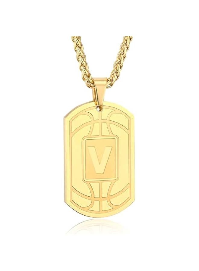 Basketball Initial Necklace for Men Boys Teen Kids Dog Tag Stainless Steel Sliver/Black/Gold Letter Pendant Sport Basketball Athletes Jewelry Gifts  Gifts for Kids Boys Men Teens - Image 1