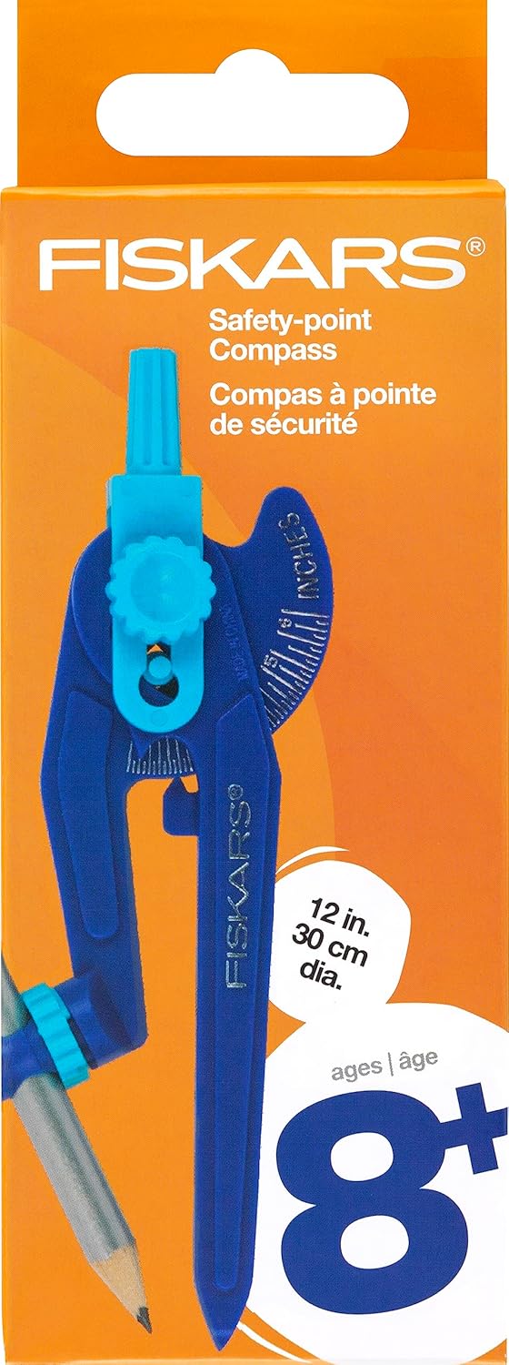 Fiskars Plastic Safety Point Compass Ages 8  Draw Perfect Circles up to 12in with Locking Mechanism  Includes Pencil  Color May Vary - Image 1