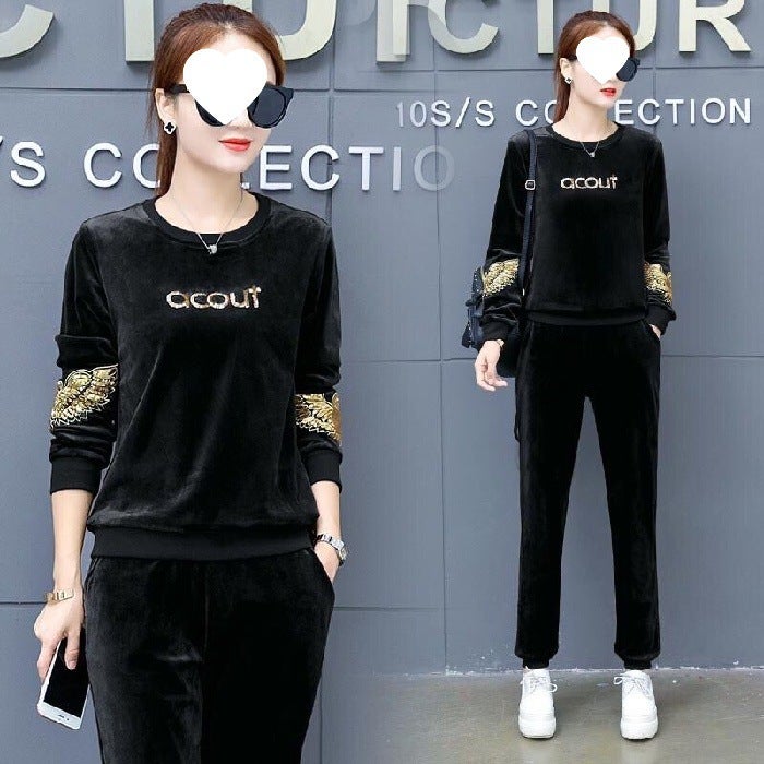 Fashionable Loose Large Size Gold Velvet Two-Piece Set for Women Spring and Autumn Long-Sleeved Leg-Tie Casual Sports Suit for Women Green