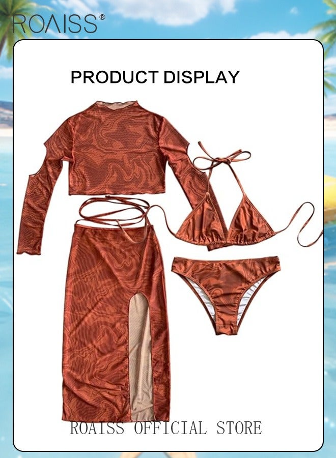 roaiss 4 Piece Tankini Swimsuit Women'S Beach Vacation Adjustable Bikini Set And Patterned Pullover Side Slit Skirt Sun Protective Cover Up - Image 1