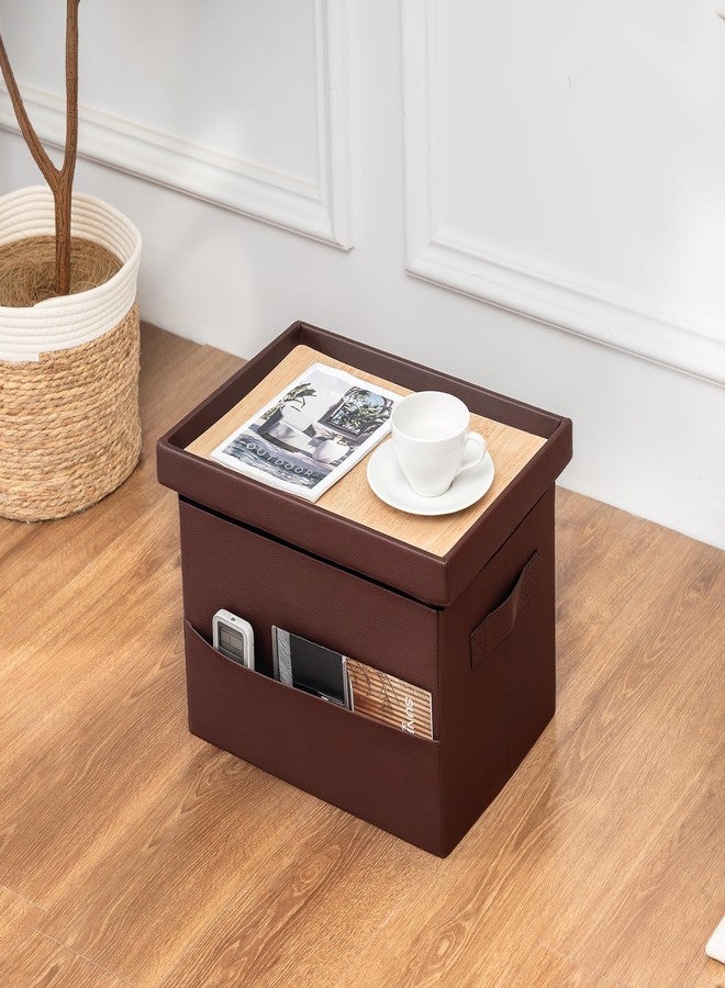 Asense Small Storage Ottoman,Foldable Foot Stool with Reversible Tray Lid and Side Pocket,Leather Ottoman Foot Rest Stool with Padded Seat,for Living Room Bedroom,11.6x16.3x11.4 Inches,Brown - Image 1