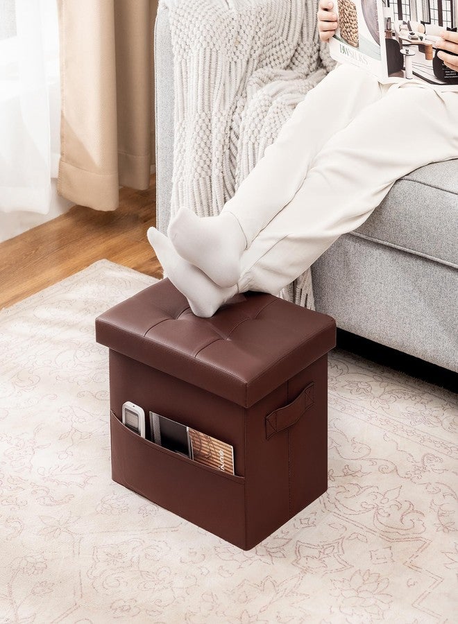Asense Small Storage Ottoman,Foldable Foot Stool with Reversible Tray Lid and Side Pocket,Leather Ottoman Foot Rest Stool with Padded Seat,for Living Room Bedroom,11.6x16.3x11.4 Inches,Brown - Image 4