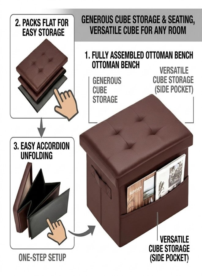 Asense Small Storage Ottoman,Foldable Foot Stool with Reversible Tray Lid and Side Pocket,Leather Ottoman Foot Rest Stool with Padded Seat,for Living Room Bedroom,11.6x16.3x11.4 Inches,Brown - Image 5